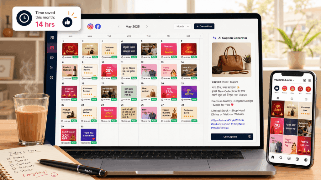 AI social media scheduling for Indian small business - Buffer and Predis.ai content calendar showing one month of auto-scheduled posts
