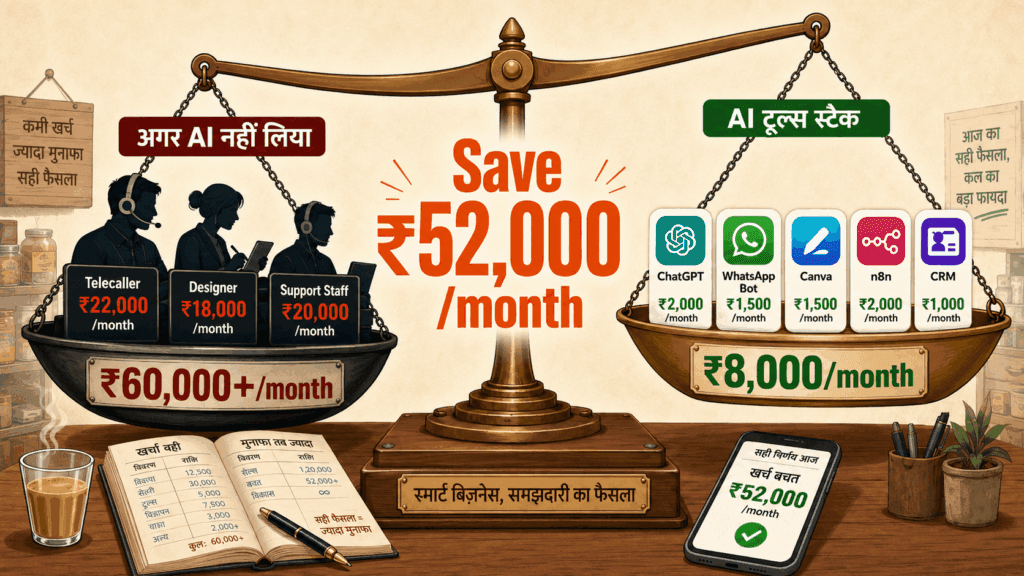 ROI comparison of AI tools vs hiring staff for Indian small business - best AI tools for small business India 2026 cost just ₹8,000 vs ₹60,000 in salaries
