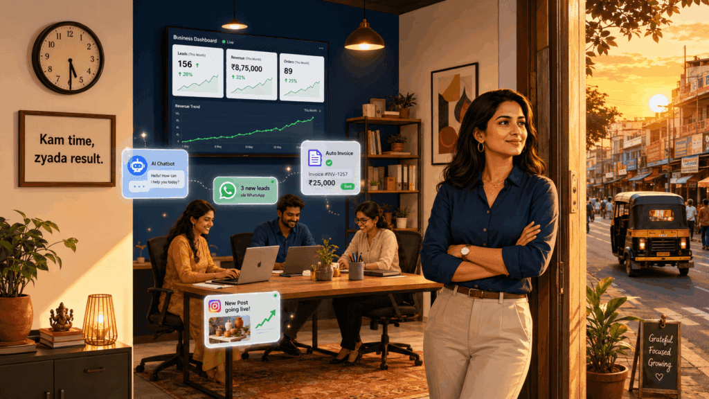 Indian woman entrepreneur thriving with AI tools - the real result of using best AI tools for small business India 2026 in daily operations
